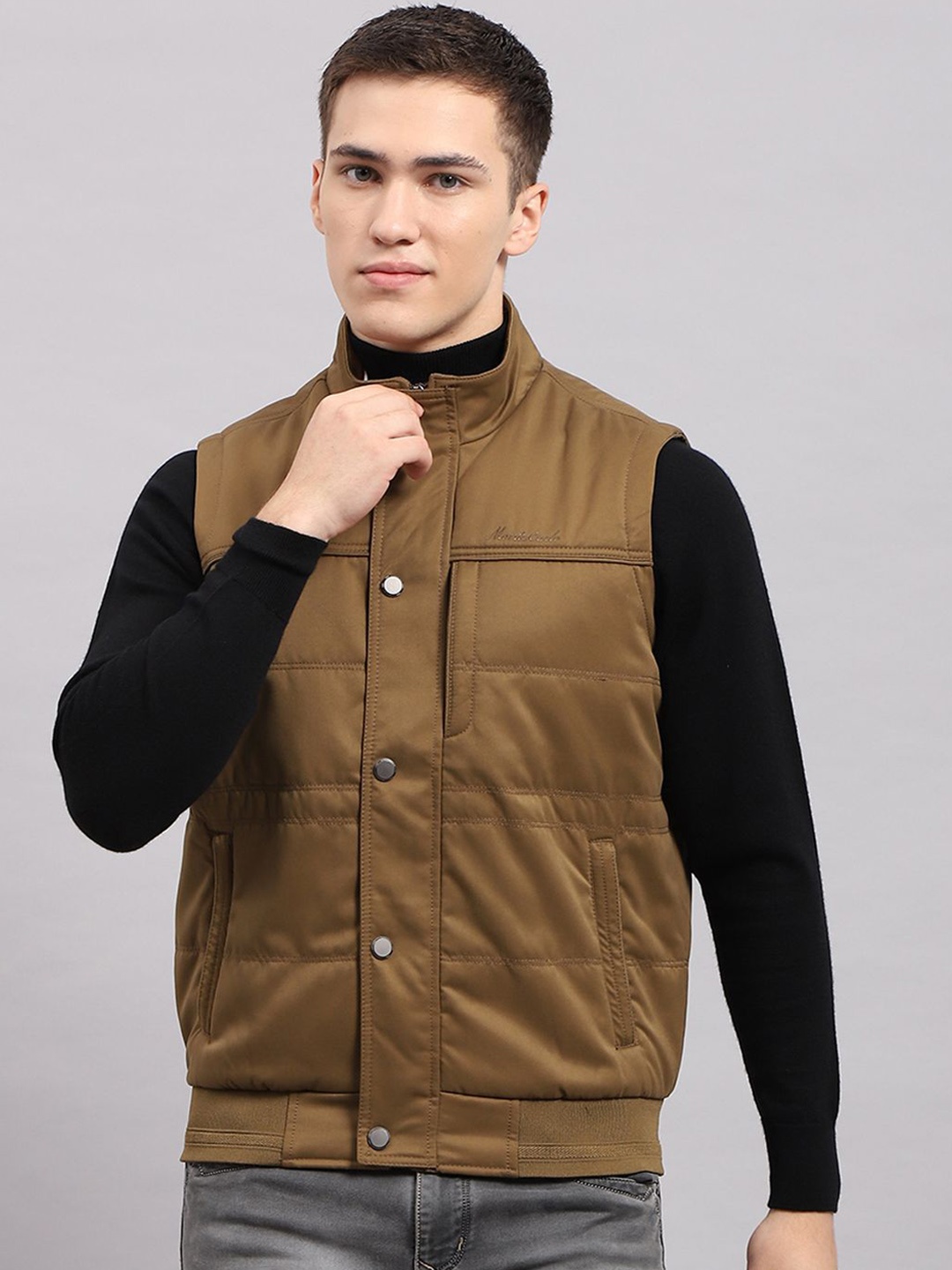 

Monte Carlo Men Solid Mock Collar Quilted Jacket, Khaki