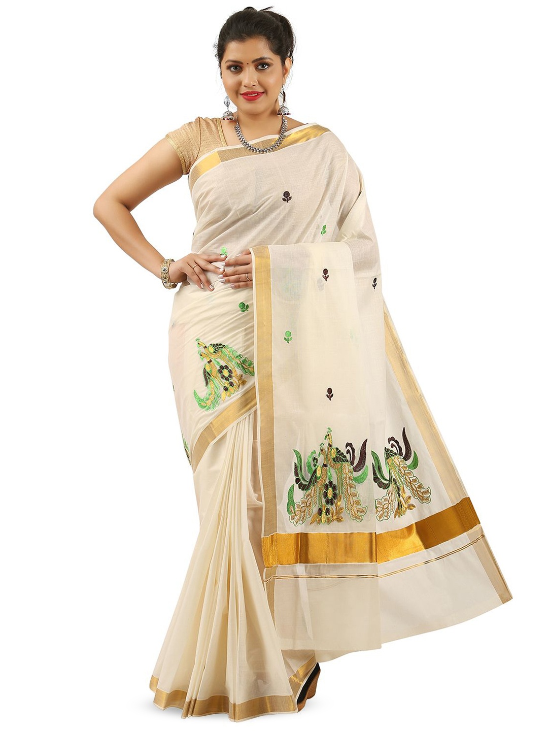 

Rst R Selvamani Tex Woven Design Zari Pure Cotton Kasavu Saree, Off white