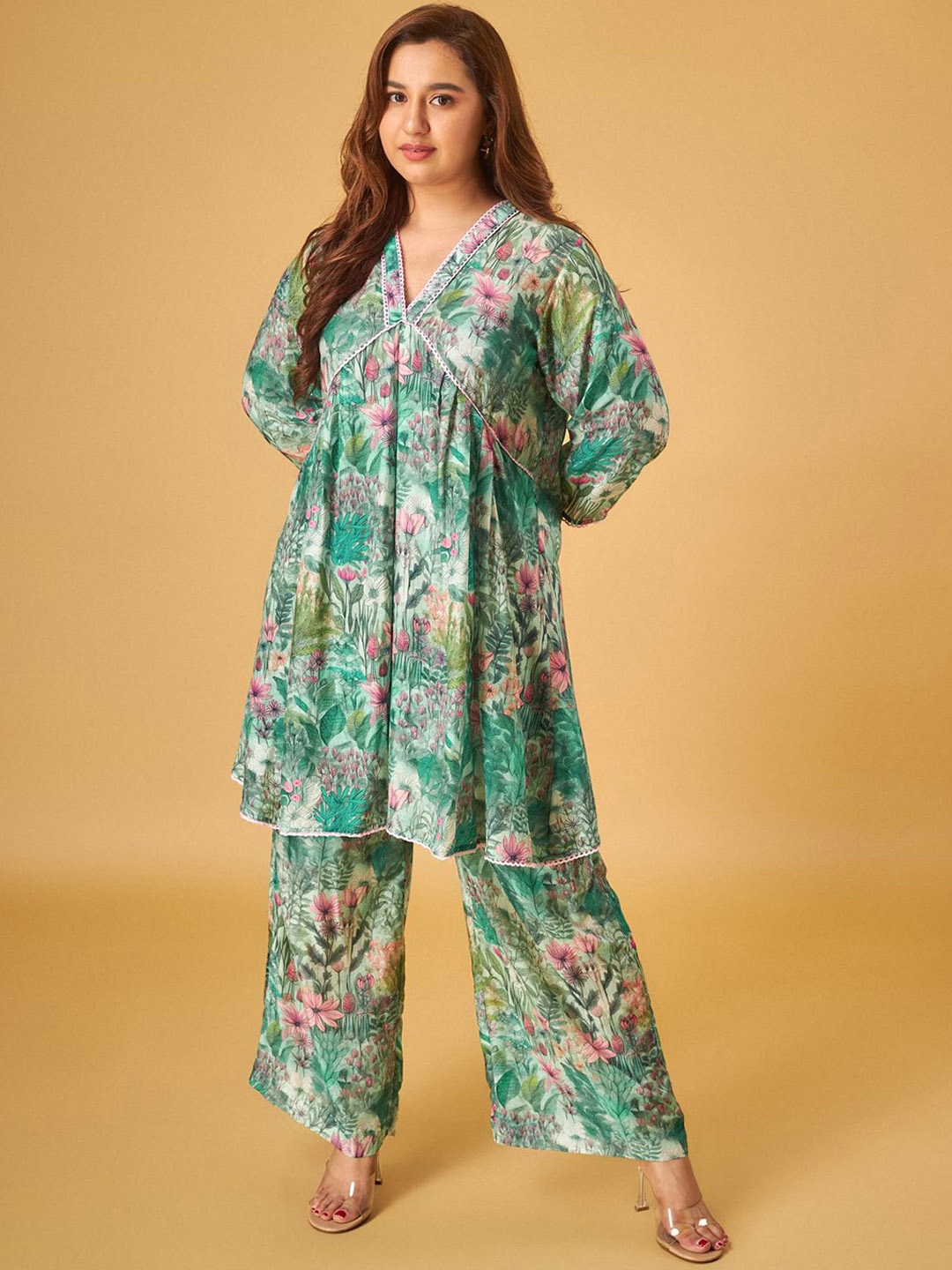 

Maisolos Floral Printed V-Neck Cotton Silk Tunic & Trousers, Green