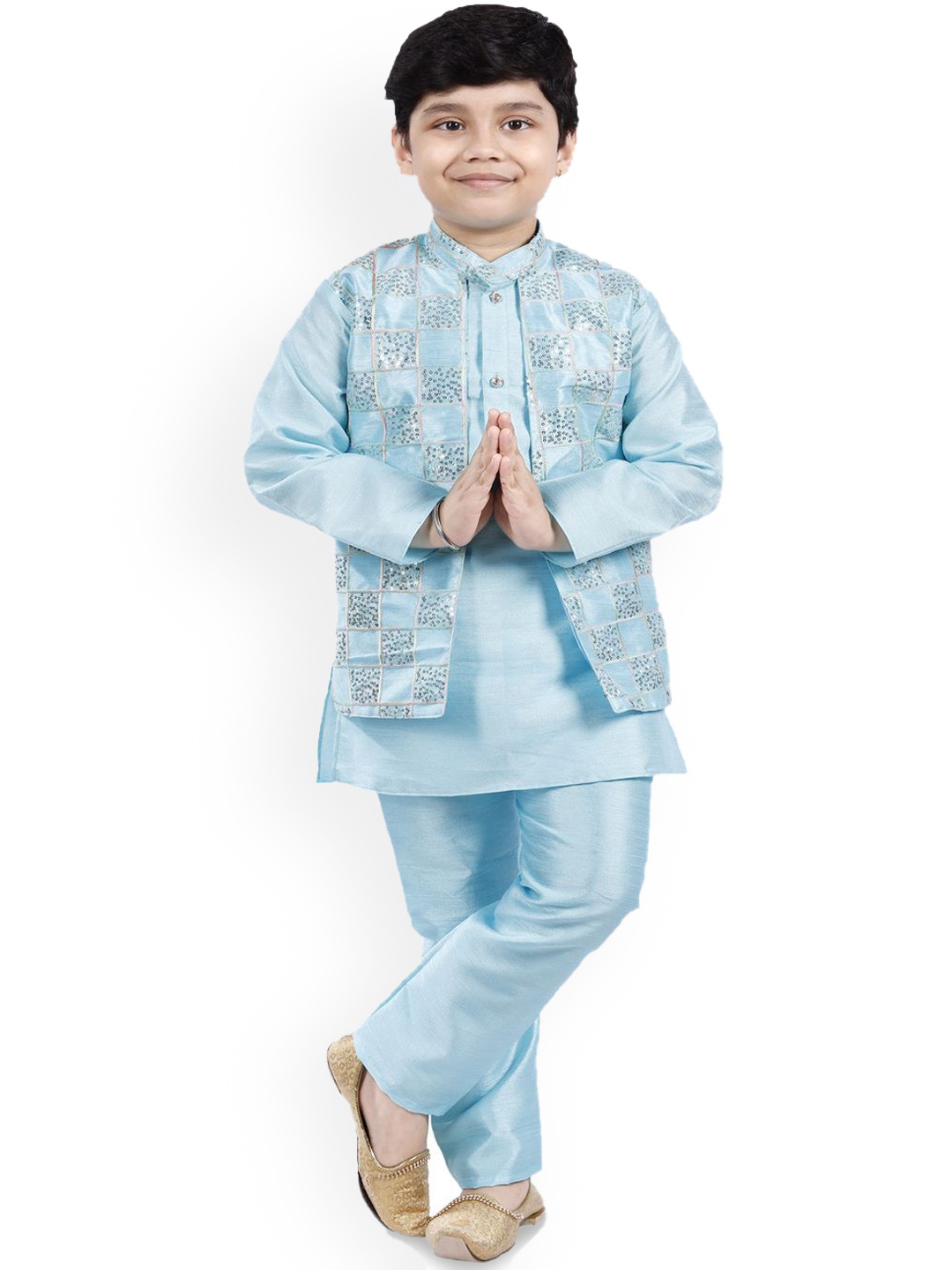 

BAESD Boys Checked Embroidered Mandarin Collar Straight Art Silk Kurta With Pyjamas, Teal