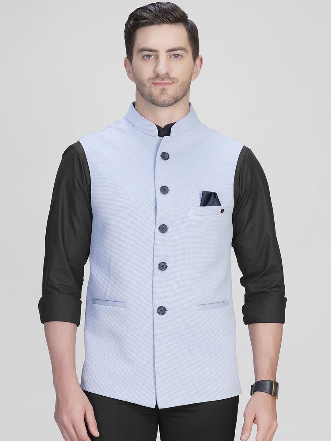 

LA'SCOOT Woven Design Mandarin Collar Nehru Jacket, Blue