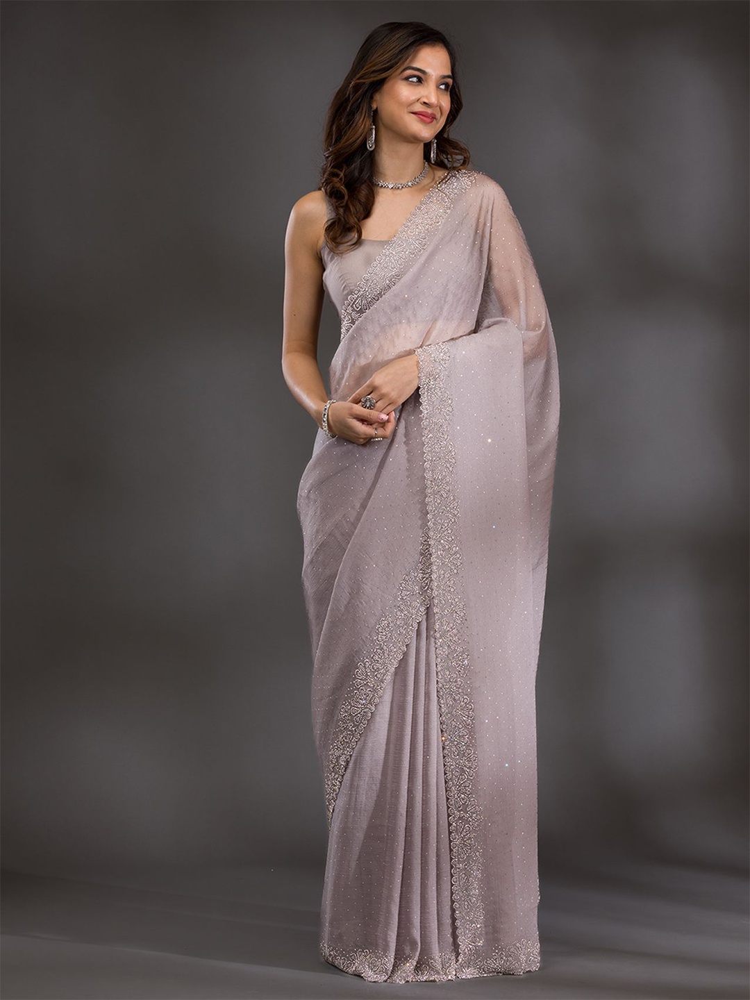 

Koskii Floral Beads and Stones Tissue Saree, Grey