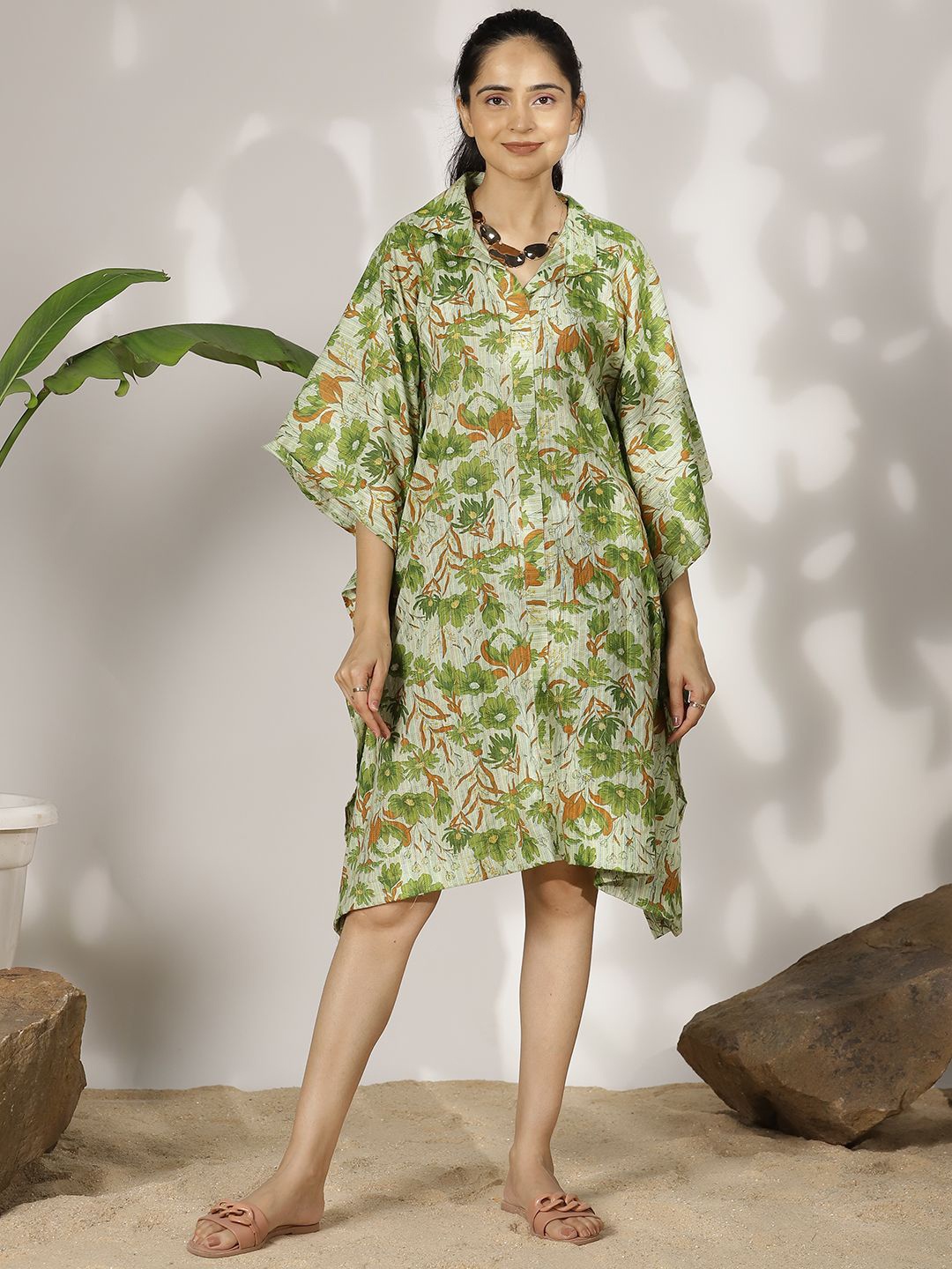

LetsDressUp Women Floral Printed Cotton Kimono Sleeves Kaftan Dress, Green