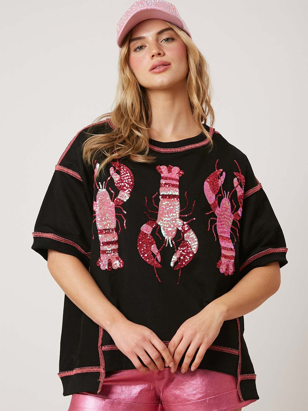 

LULU & SKY Print Extended Sleeves Top, Black