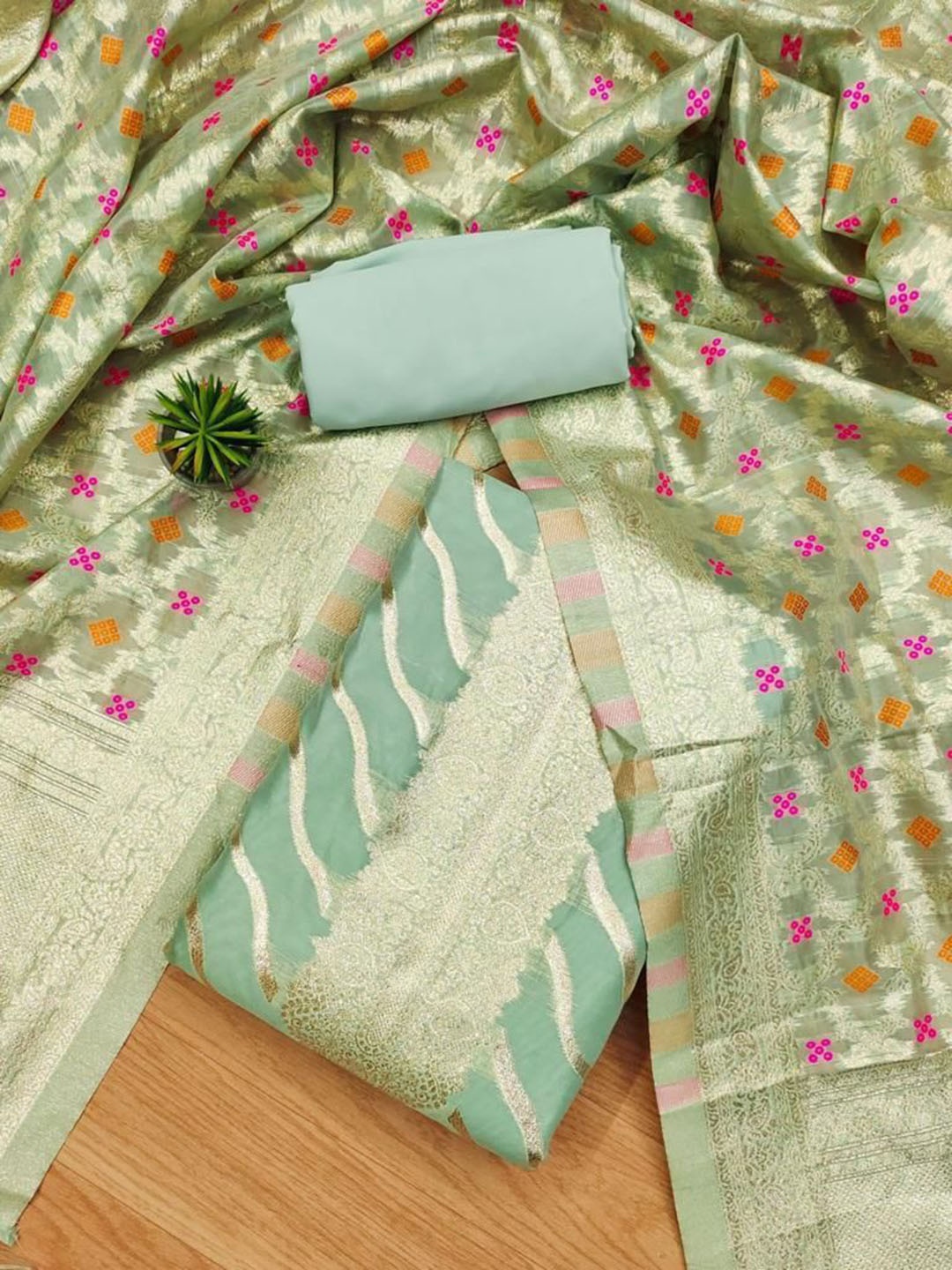 

Apaapi Threads of glory Ethnic Motifs Woven Design Organza Unstitched Dress Material, Green