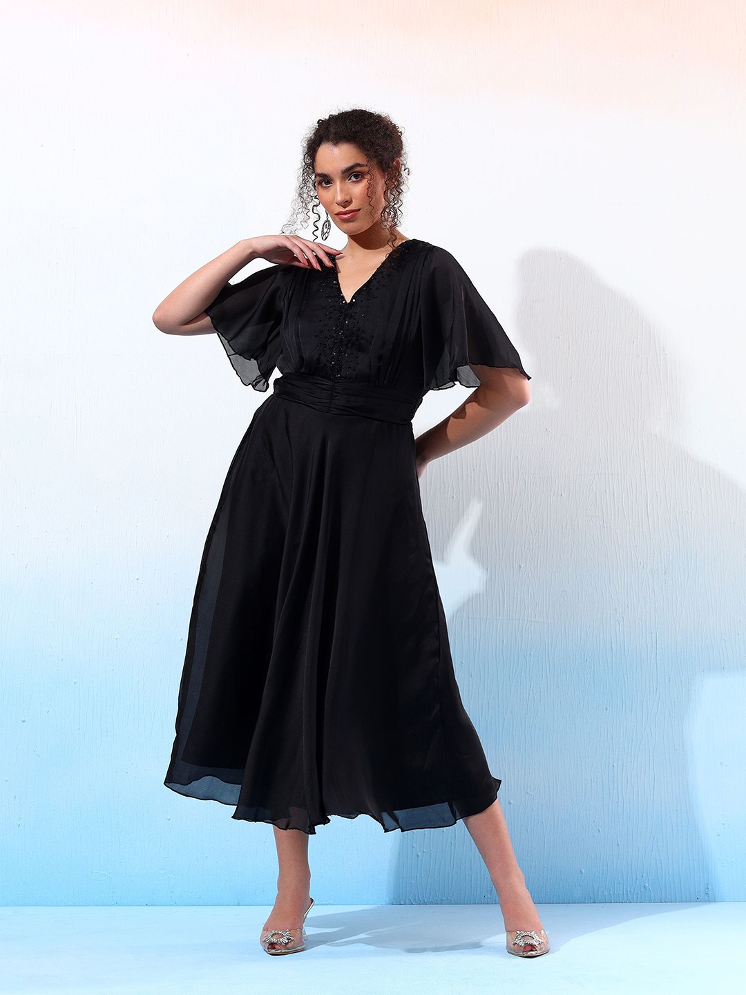 

Justin Whyte Women Satin Flared Sleeves Fit & Flare Midi Dress, Black