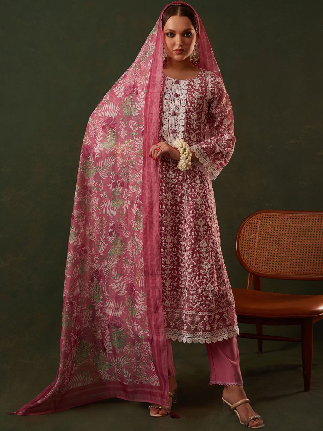 

HEEPOSH Floral Embroidered Organza A-Line Kurta with Trousers & Dupatta, Pink