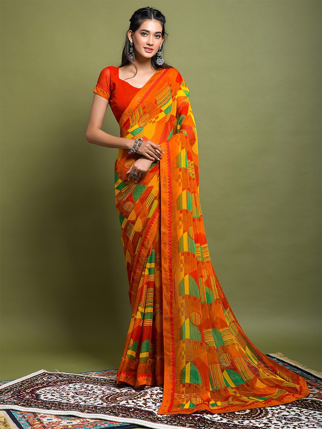 

KALINI Abstract Printed Saree, Orange