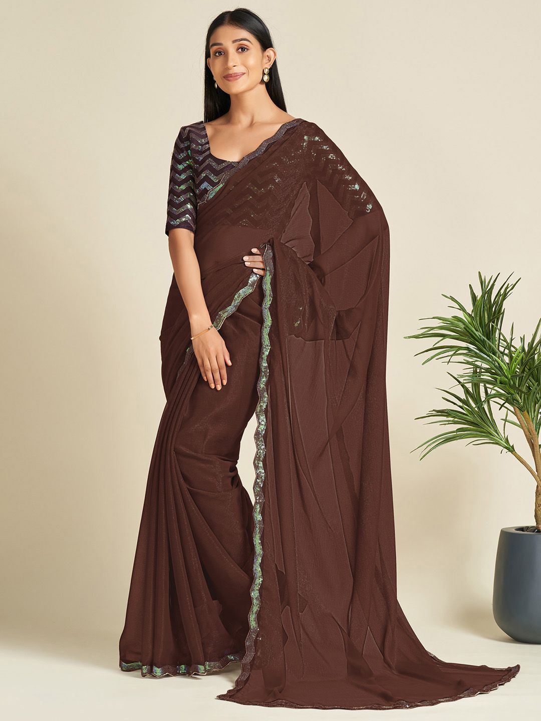 

KALINI Sequinned Poly Georgette Saree, Brown