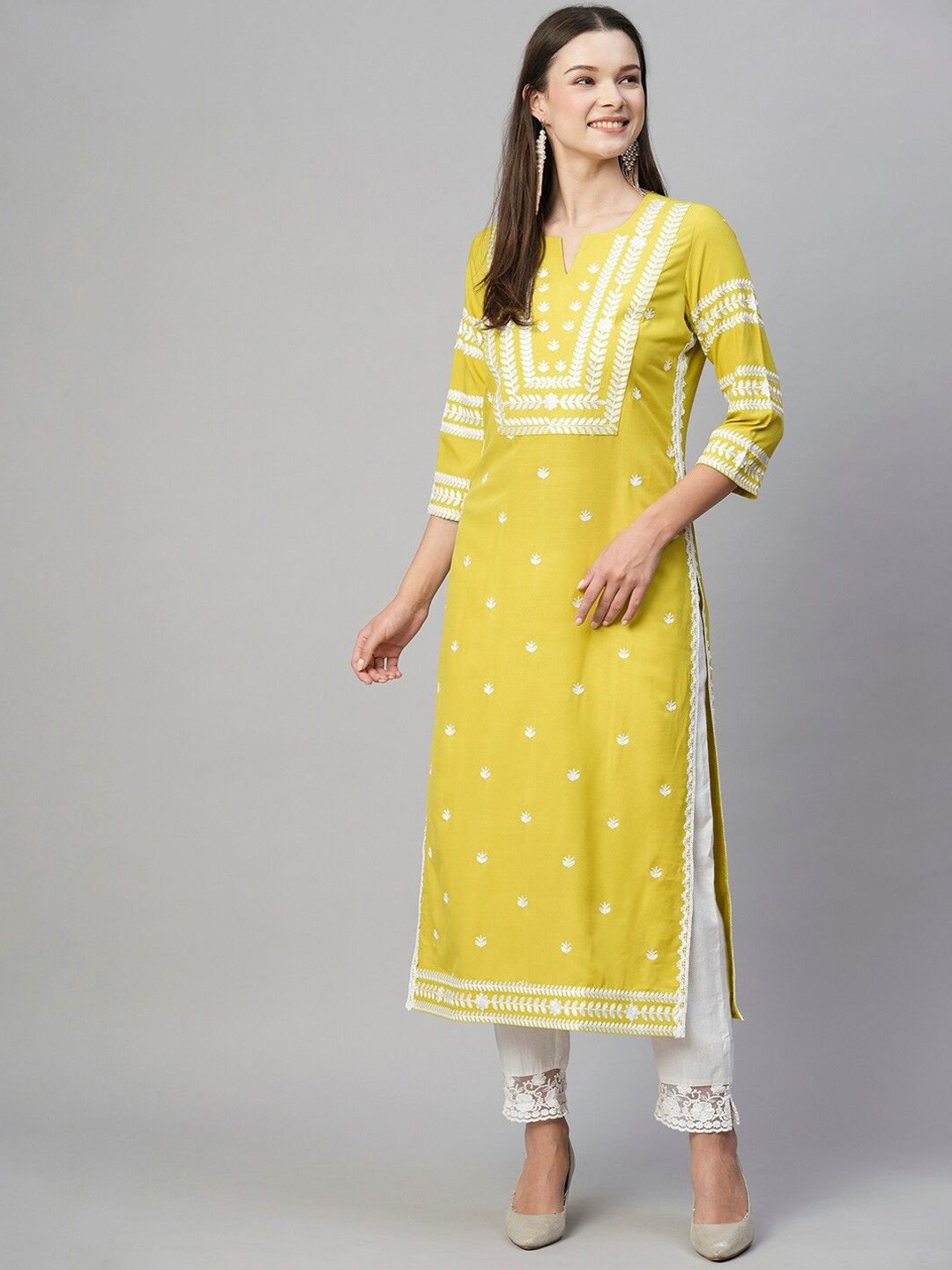 

Anni Designer Floral Embroidered Chikankari Straight Kurta, Yellow