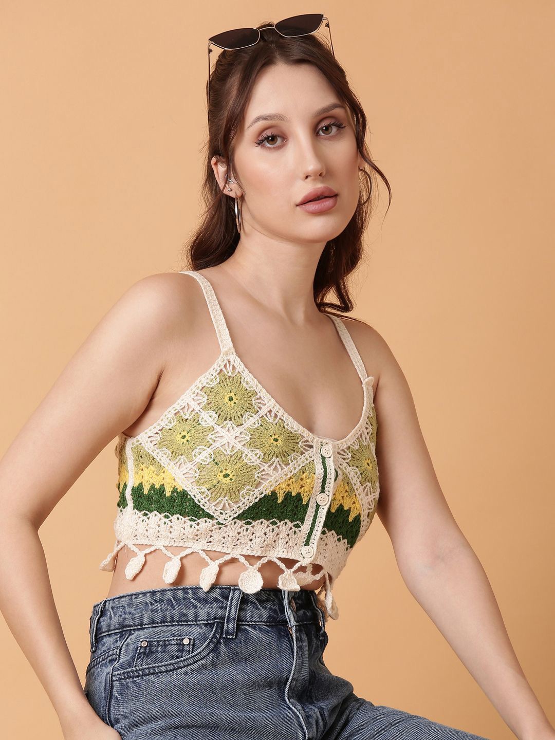 

SHOWOFF Crochet Crop Top, Green