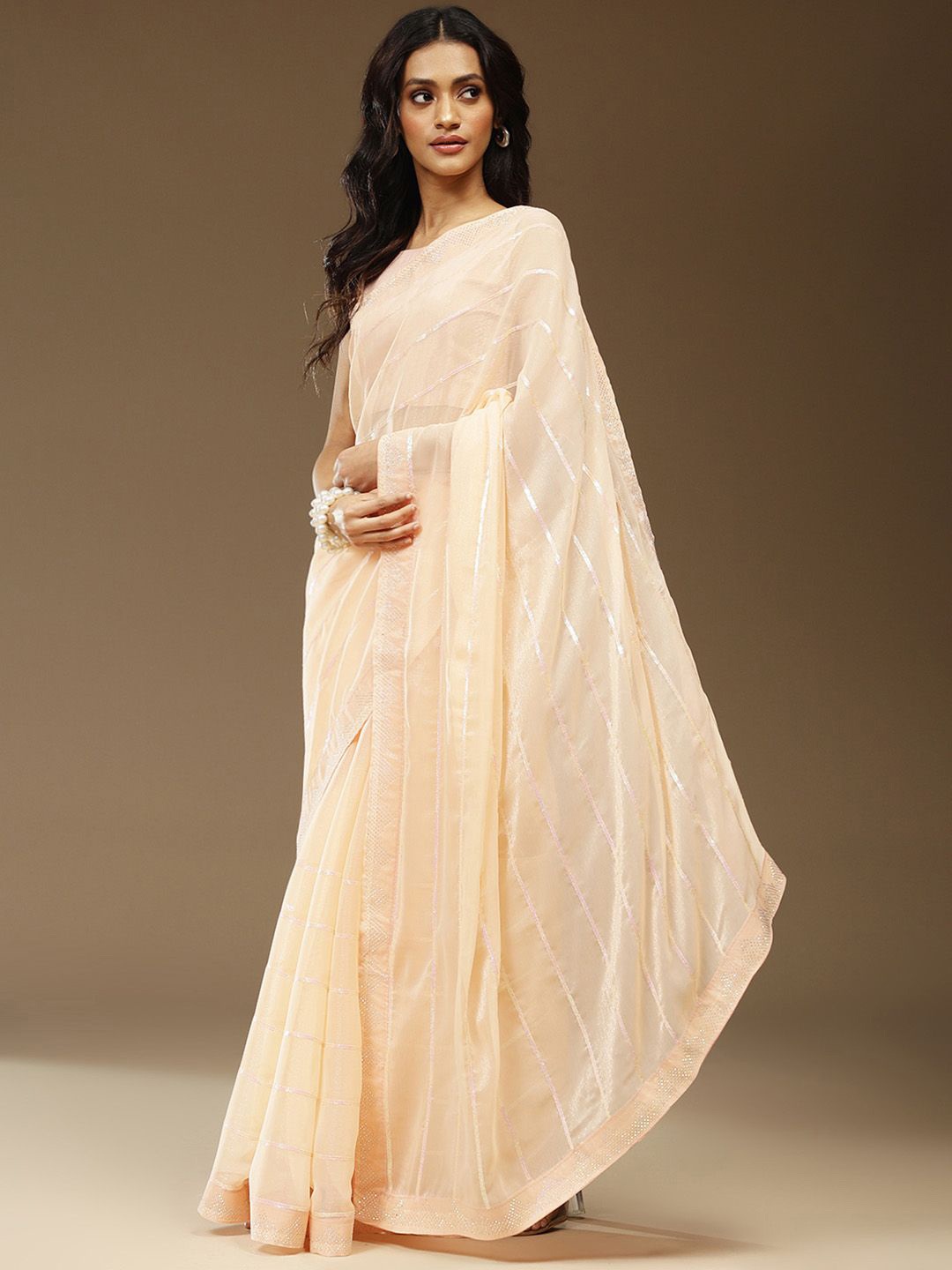 

KALINI Striped Sequinned Poly Chiffon Saree, Peach
