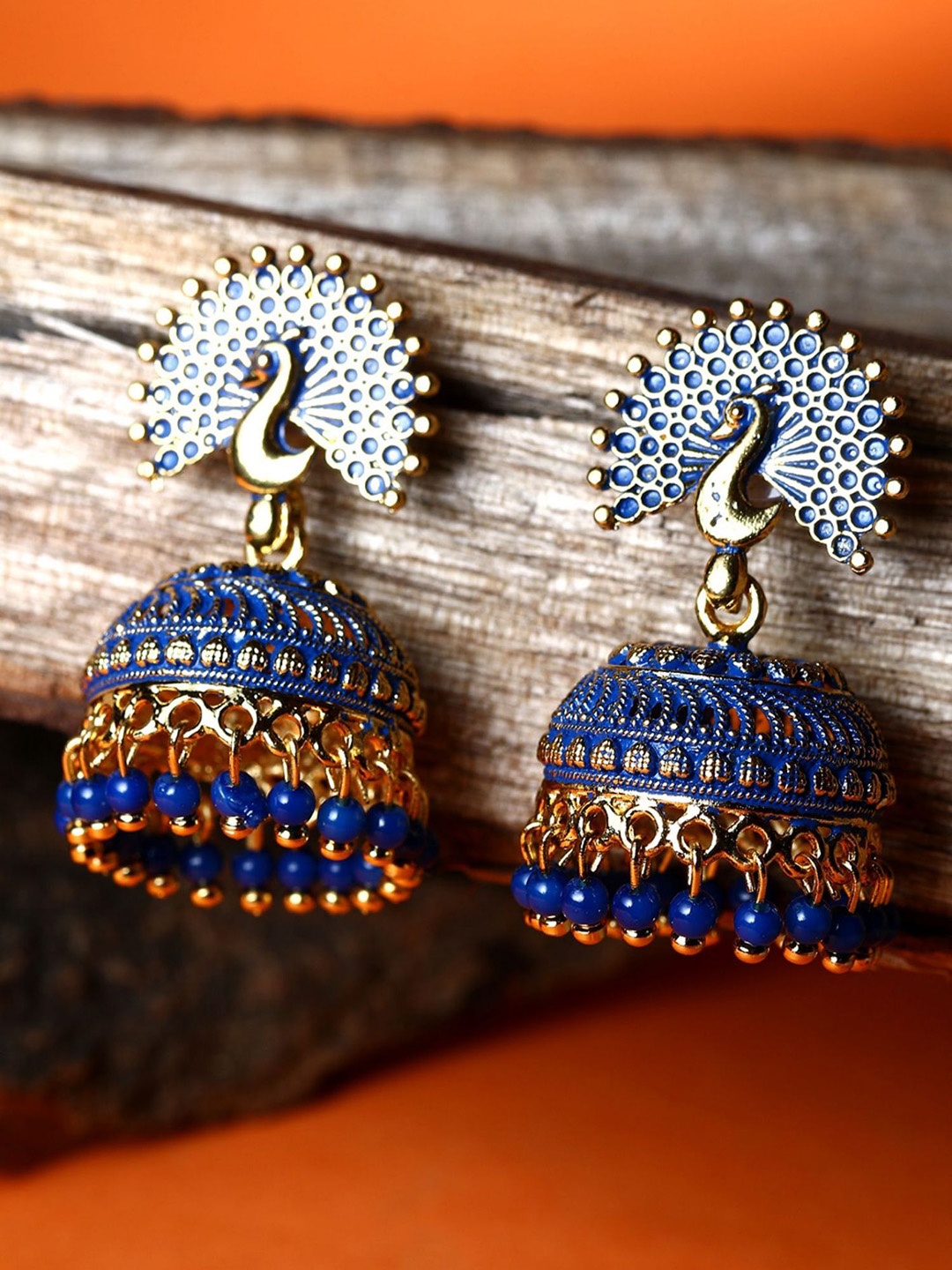 

ANIKAS CREATION Gold Plated Beaded Peacock Dome Shaped Enamelled Jhumkas