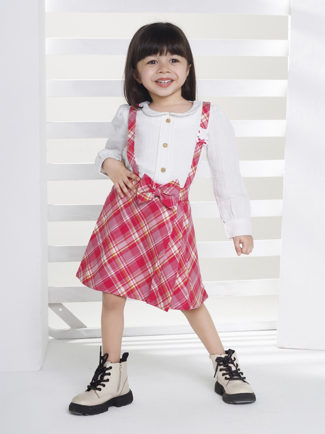 

Peppermint Kids-Girls Checked Peter Pan Collar Pinafore Dress, Pink