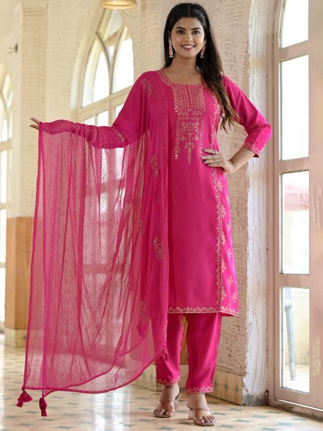 

FLAVIA CREATION Floral Embroidered Thread Work A-Line Kurta With Trousers & Dupatta, Red