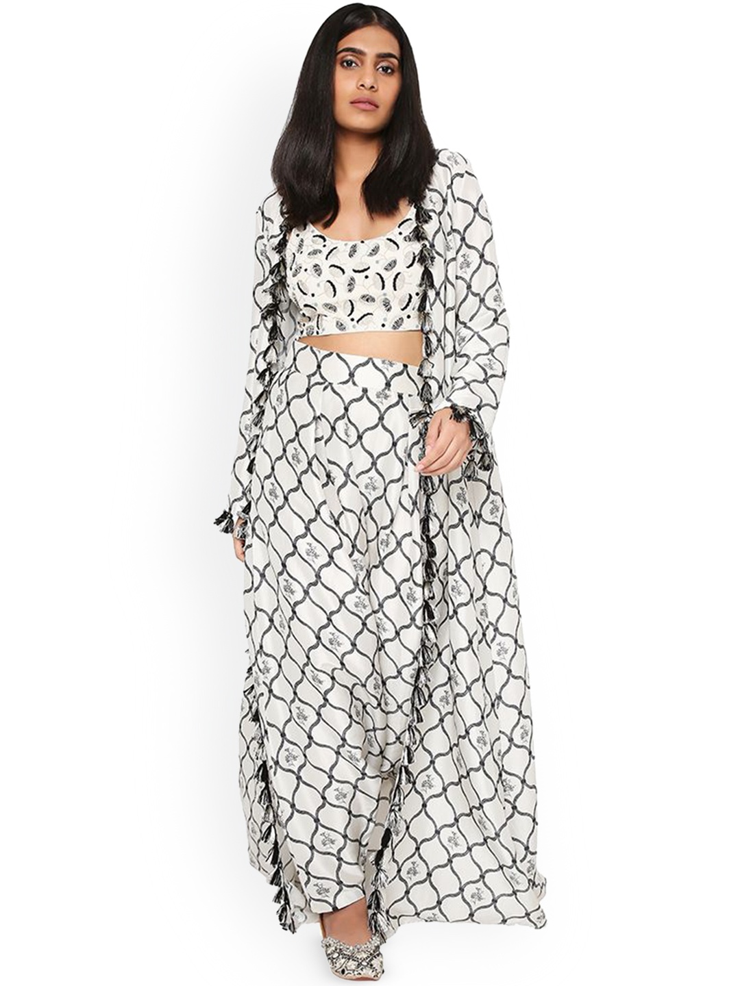 

Payal Singhal Embroidered Bustier With Printed Jacket & Low Crotch Pant Co-Ords, White