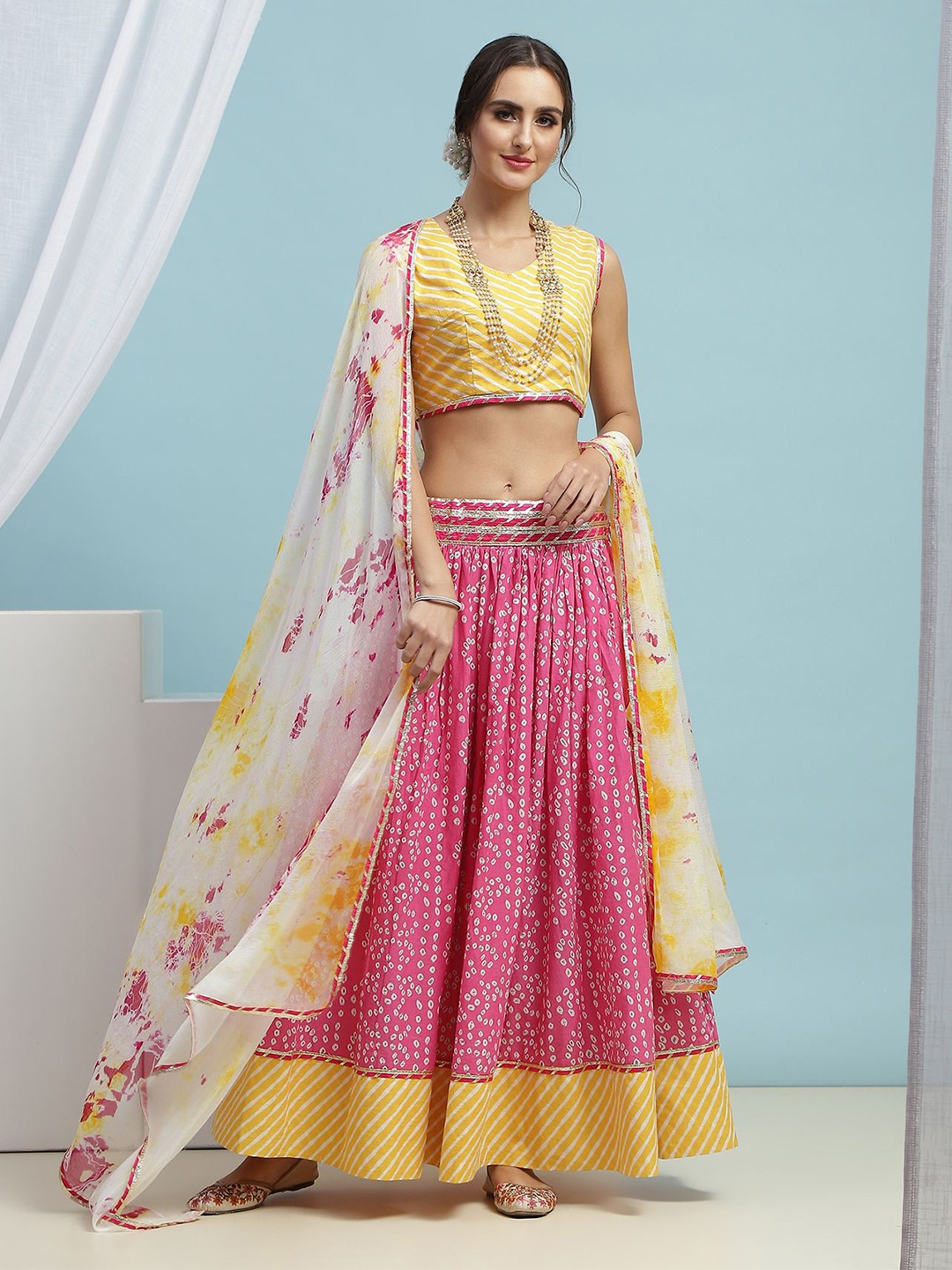 

Khushal K Printed Cotton Ready to Wear Lehenga & Blouse With Dupatta, Yellow