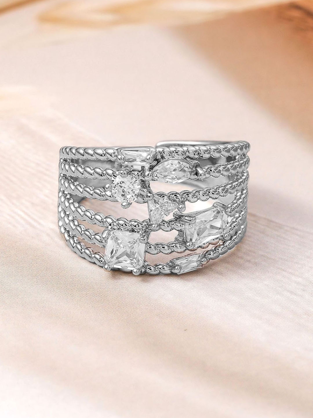

Rubans Rhodium Plated Cubic Zirconia Studded Multi-Layer Adjustable Statement Finger Ring, Silver