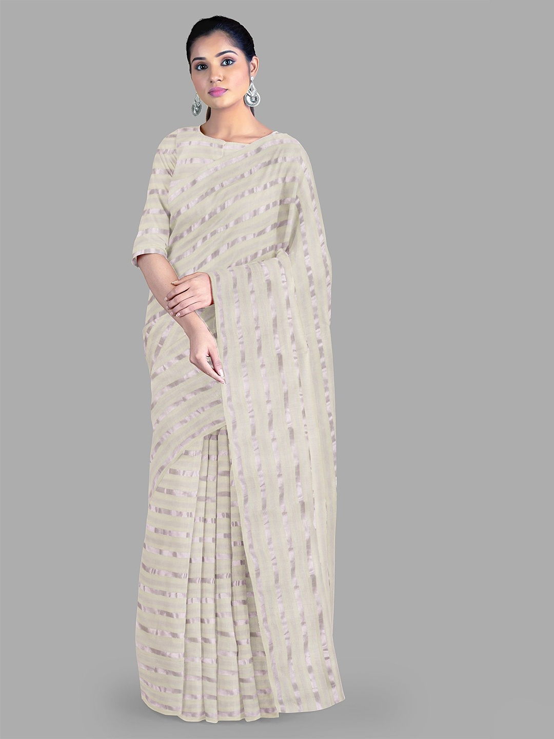 

The Chennai Silks Striped Kasavu Pure Cotton Sarees, Off white