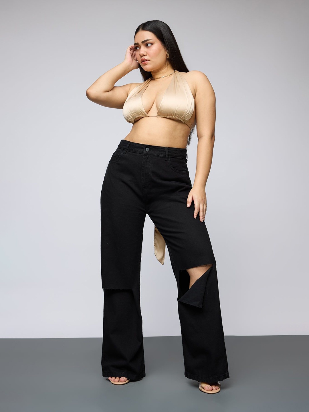 

FREAKINS Women Wide Leg High-Rise Slash Knee Jeans, Black