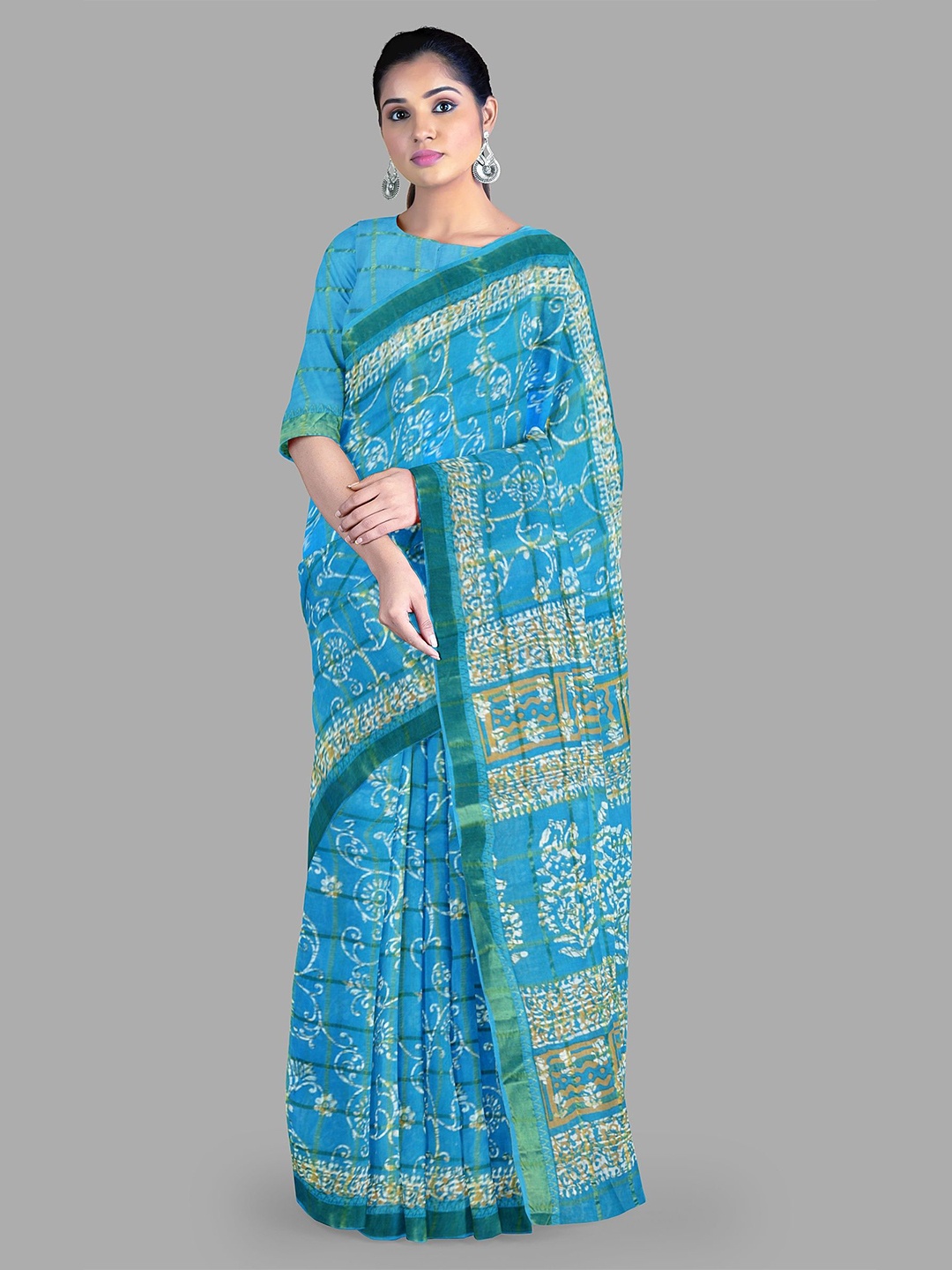 

The Chennai Silks Checked Zari Pure Cotton Chanderi Saree, Blue