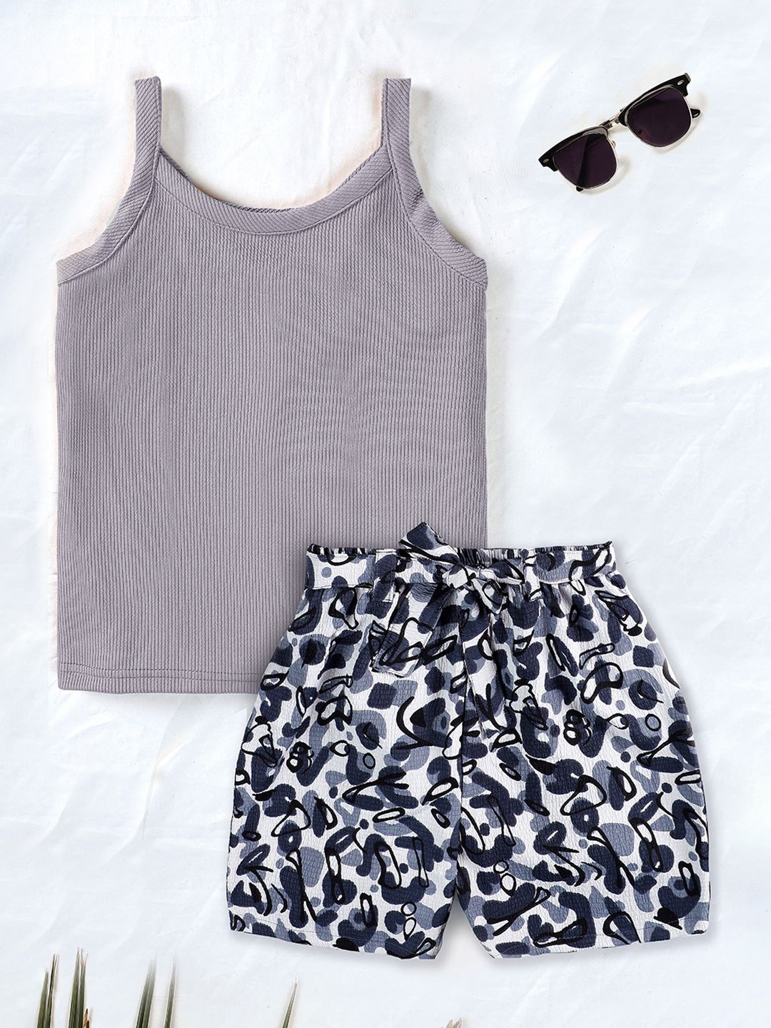 

BAESD Girls Shoulder Strap Neck Cotton Blend Top with Shorts, Grey