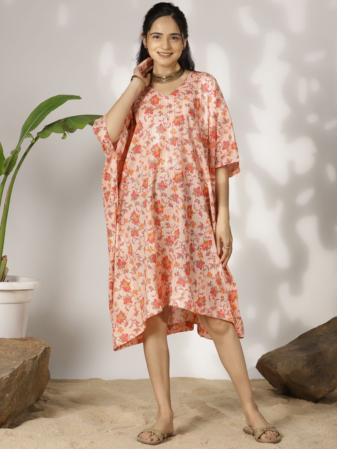 

LetsDressUp Women Floral Printed Cotton Flared Sleeves A-Line Midi Dress, Peach