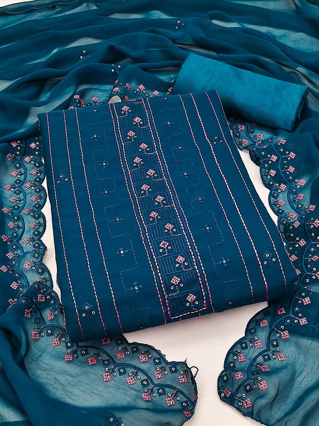 

Ishin Floral Embroidered Silk Georgette Unstitched Dress Material, Teal