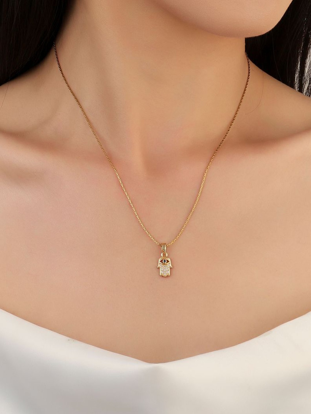 

SALTY Stainless Steel Stone Studded Wishing Hand Evil Eye Pendant With Chain, Gold