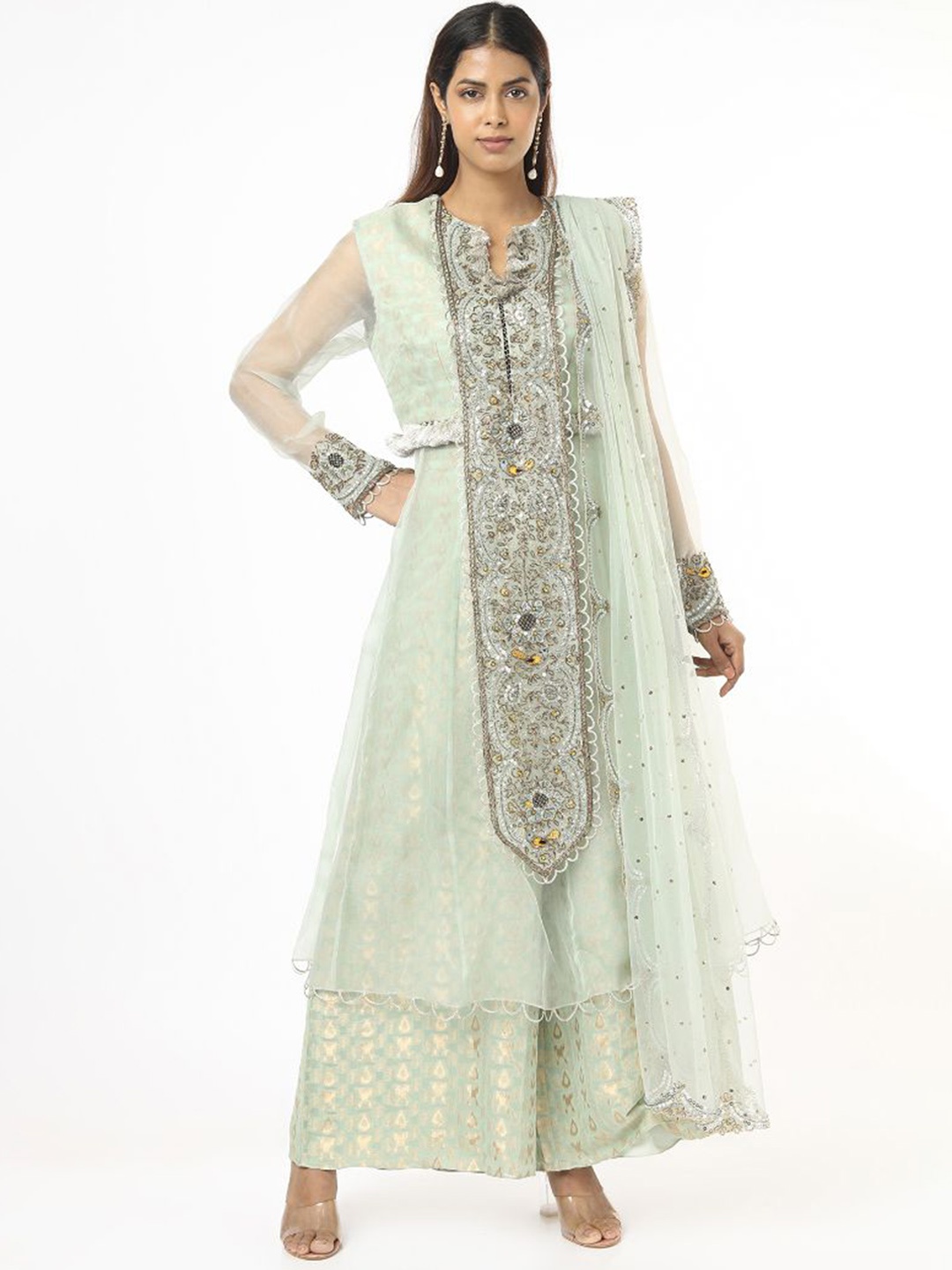 

Payal Singhal Ethnic Motifs Panelled Anarkali Kurta with Palazzos & With Dupatta, Sea green