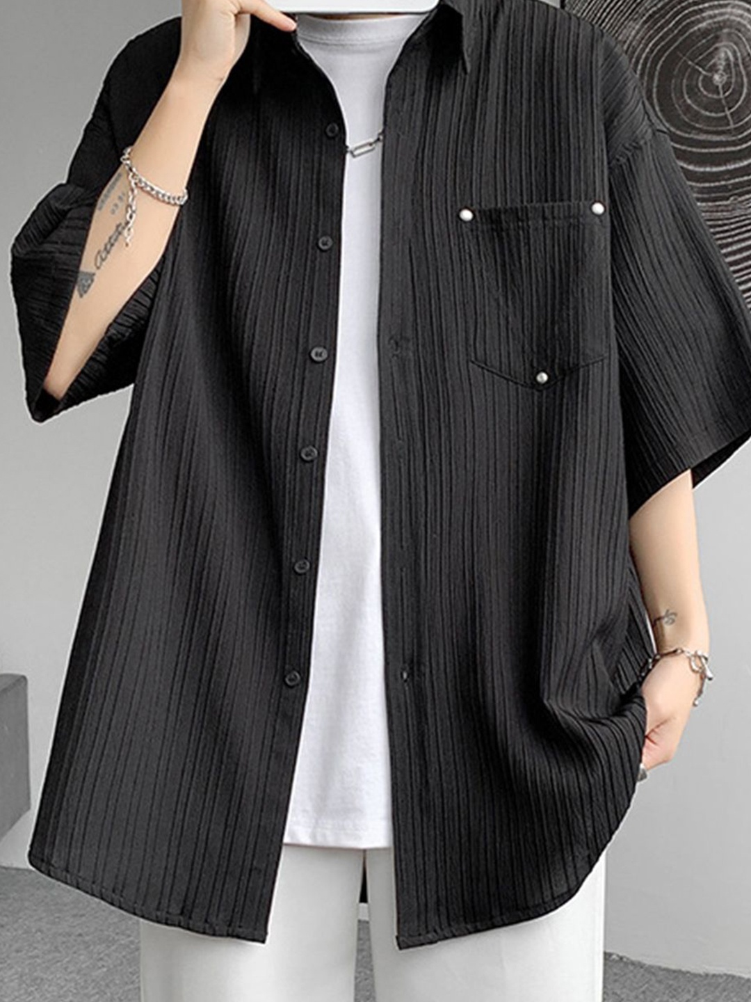 

StyleCast Men Pinstripes Opaque Striped Casual Shirt, Black