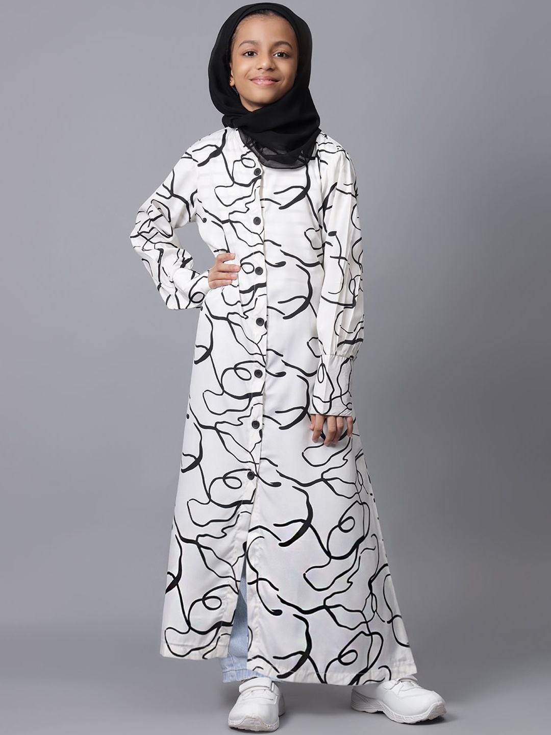 

NABIA Girls Printed Round Neck Abaya Burqa, White