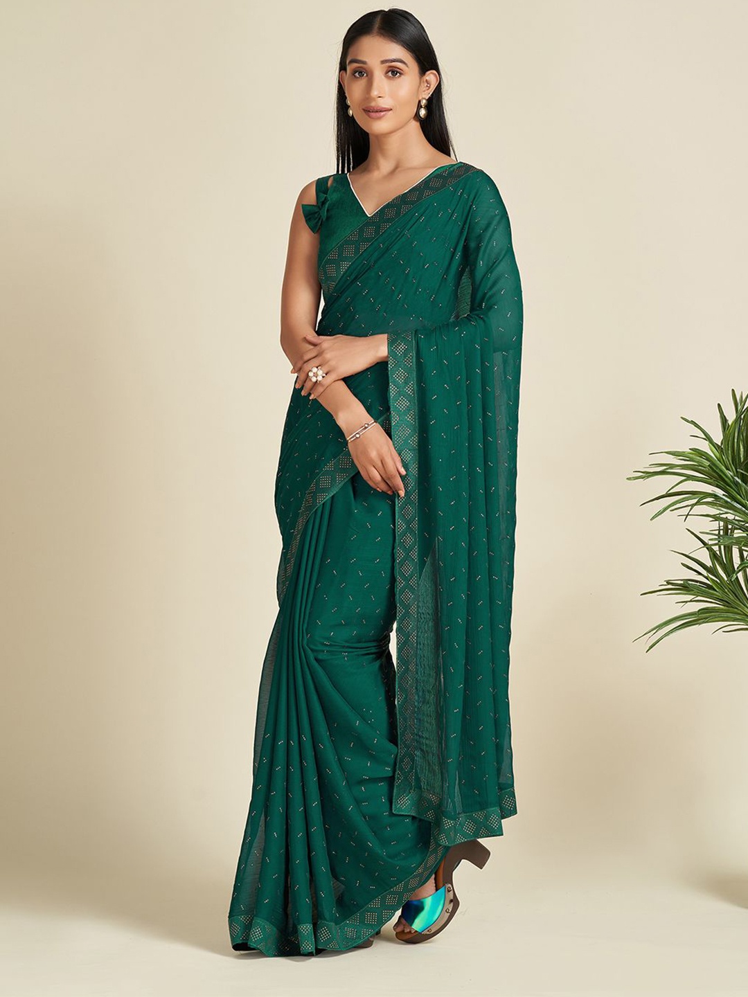 

KALINI Embellished Beads and Stones Party Wear Satin Saree, Green