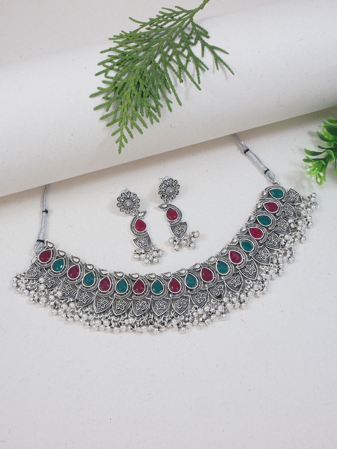 

I Jewels Silver Plated Stone Studded Oxidised Ghungroo Jewellery Set