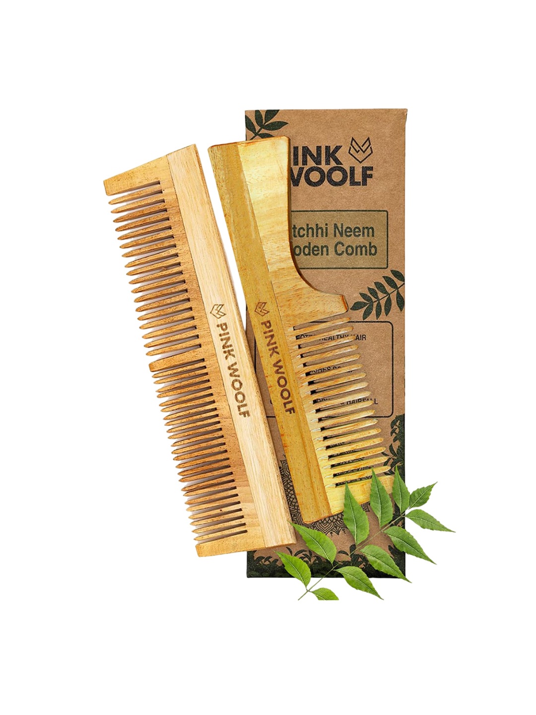 

PINK WOOLF Set Of 2 Katchhi Neem Wooden Dual & Wide Tooth Comb, Camel brown