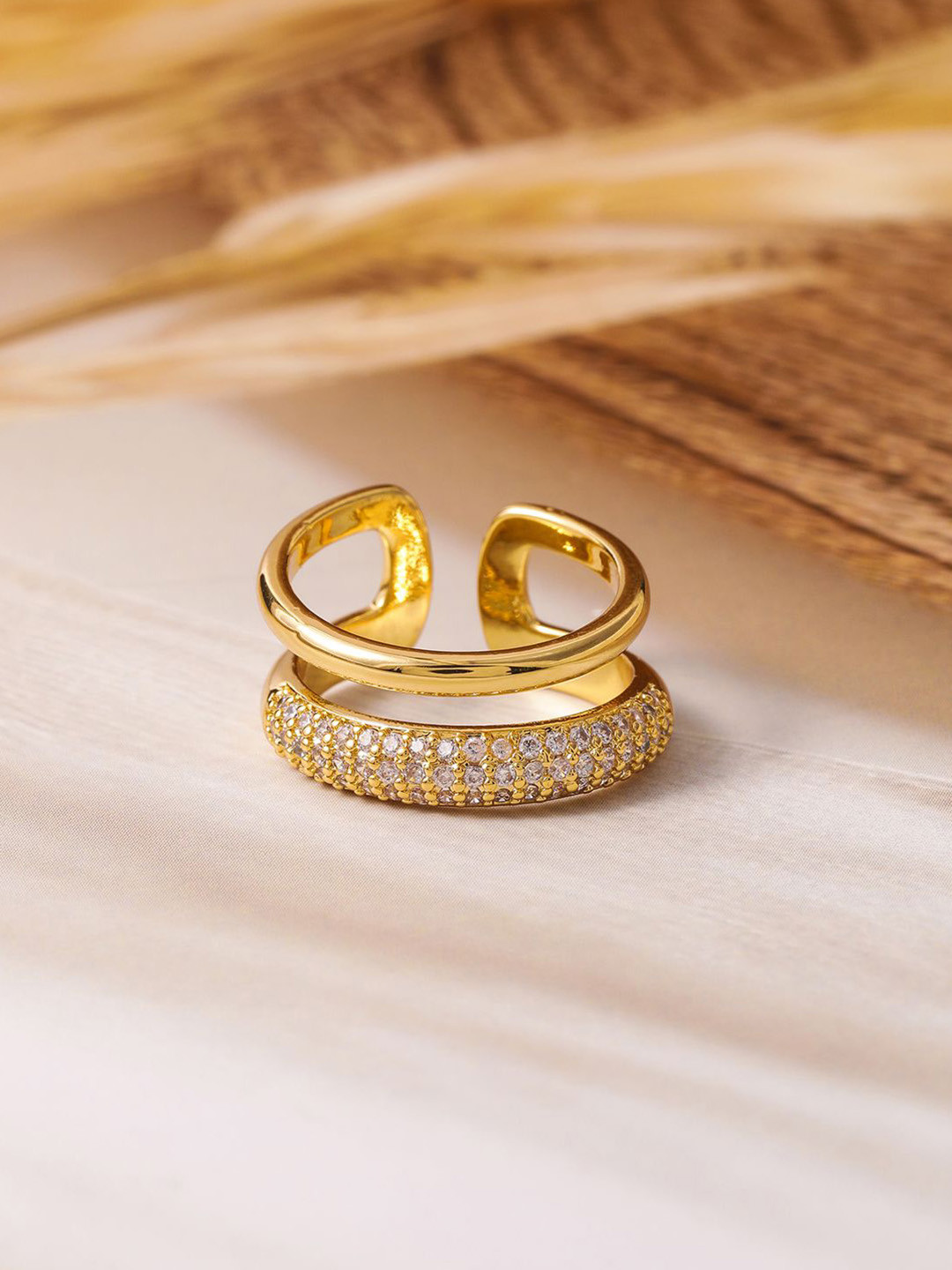 

Rubans 18K Gold Plated Cubic Zirconia Studded Dual Band Openable Finger Ring