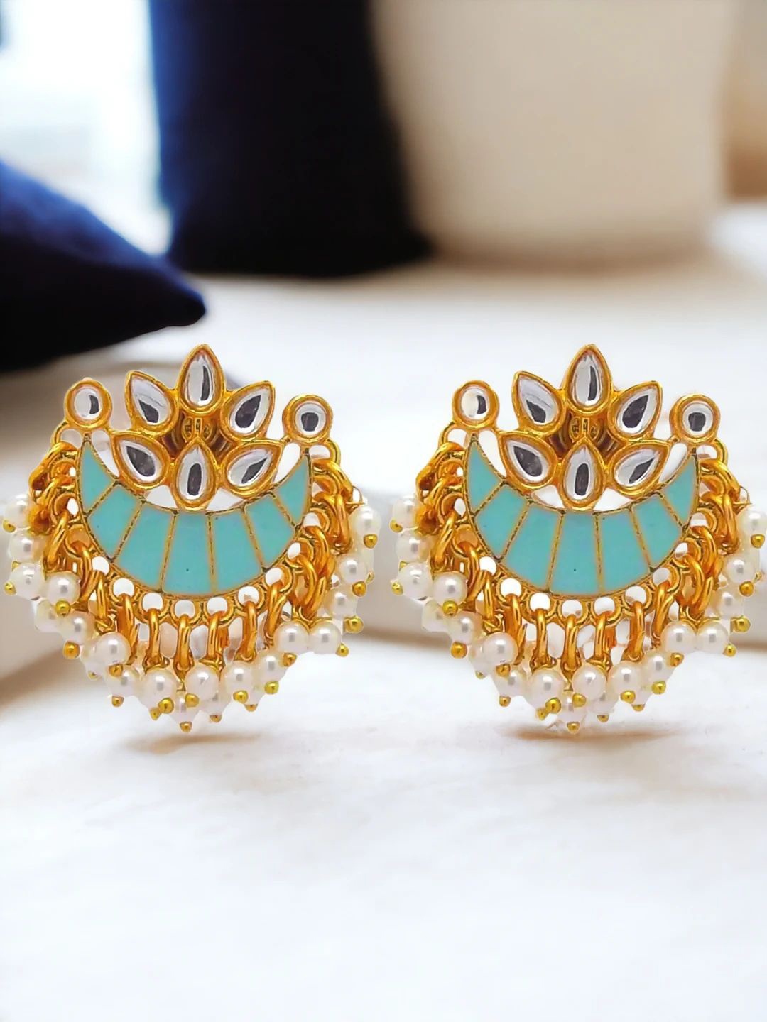 

9blings Gold Plated Stone Beaded Crescent Shaped Meenakari Chandbalis