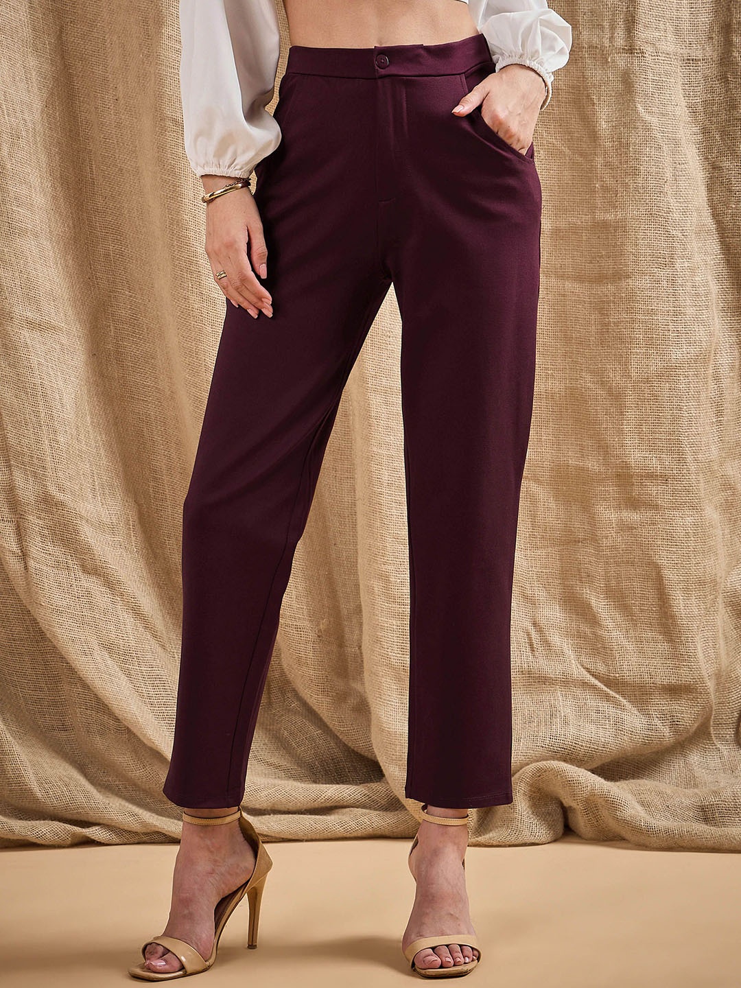 

SASSAFRAS Women Slim Fit Trousers, Burgundy