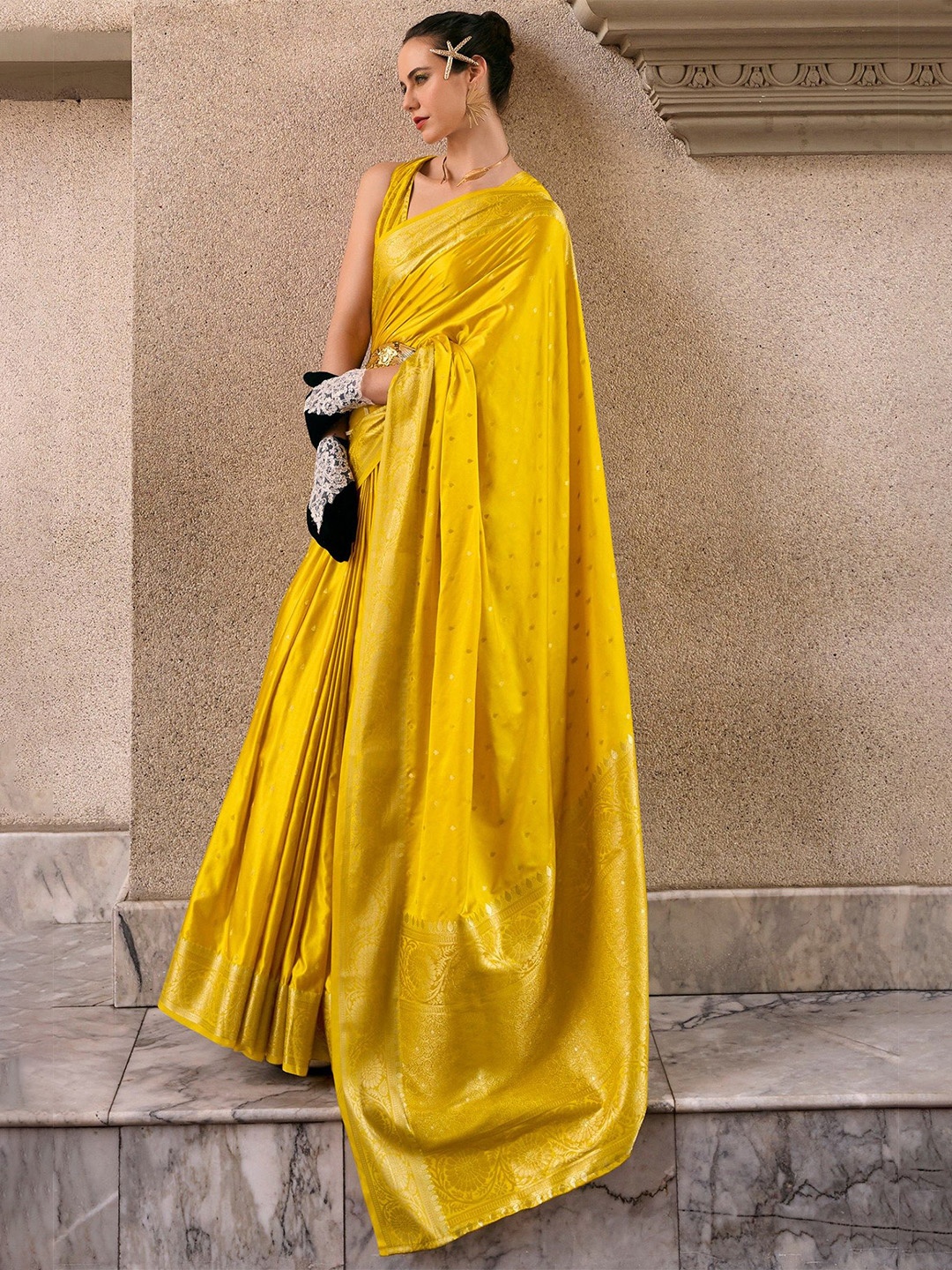 

MySilkLove Woven Design Zari Satin Handloom Saree, Yellow