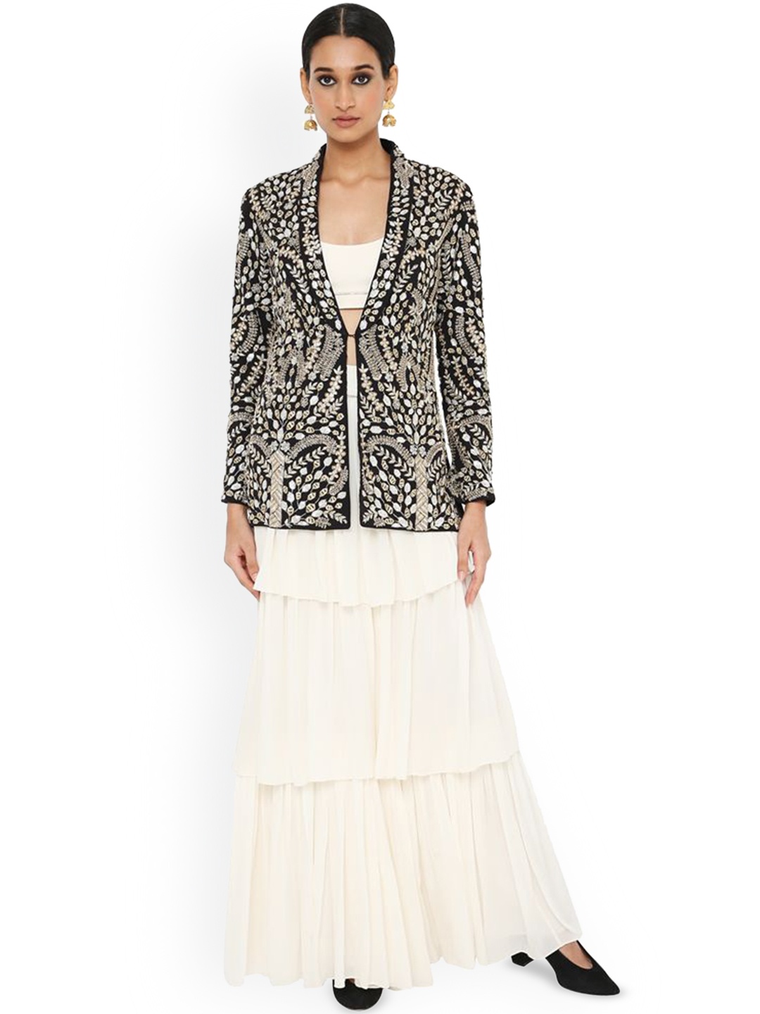 

Payal Singhal Zuma Embroidered Jacket With Bustier & Frill Sharara Co-Ords, Off white