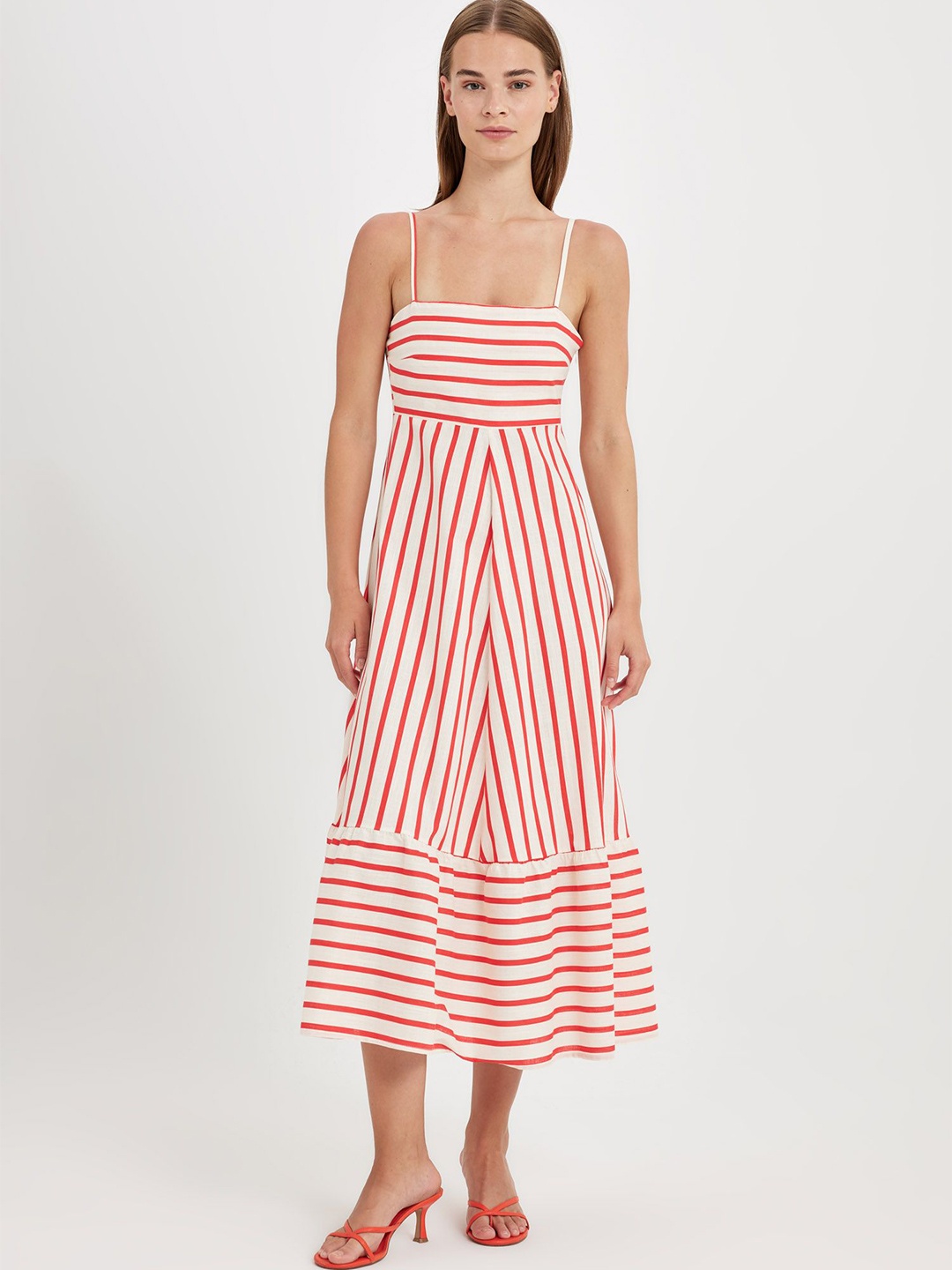 

DeFacto Striped A-Line Midi Dress, White