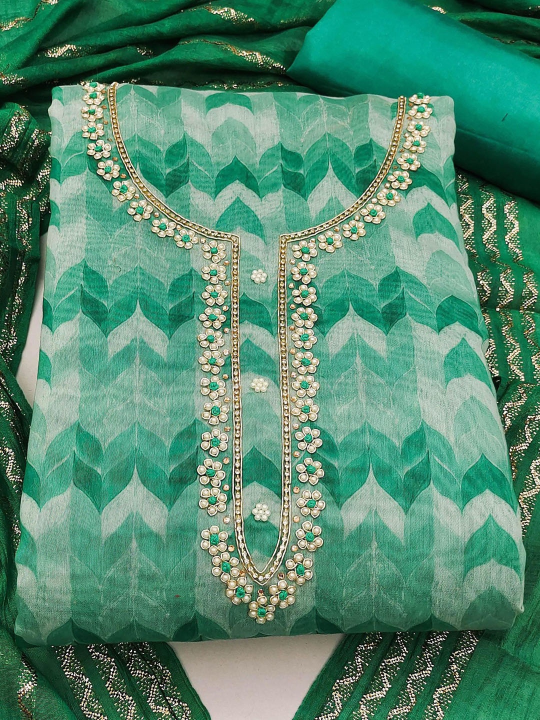 

Ishin Geometric Printed Beads and Stones Unstitched Dress Material, Green