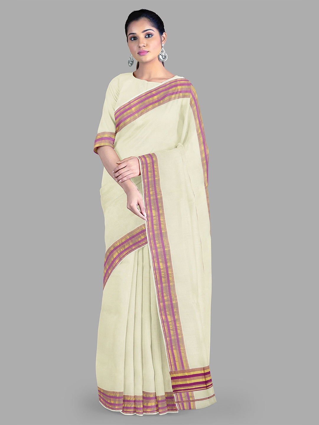 

The Chennai Silks Zari Pure Cotton Kasavu Saree, Off white