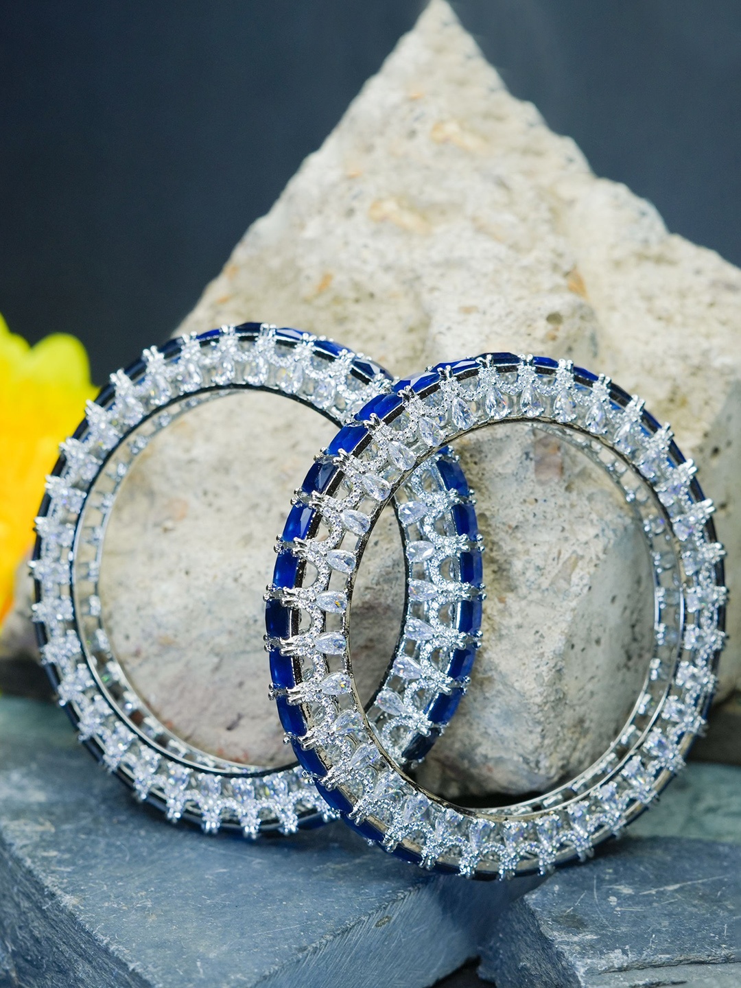

Zevarly Set Of 2 Sliver Plated American Diamond Studded Bangles, Silver