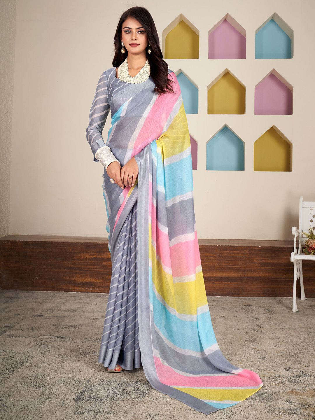 

Mitera Leheriya Poly Chiffon Leheriya Saree, Grey