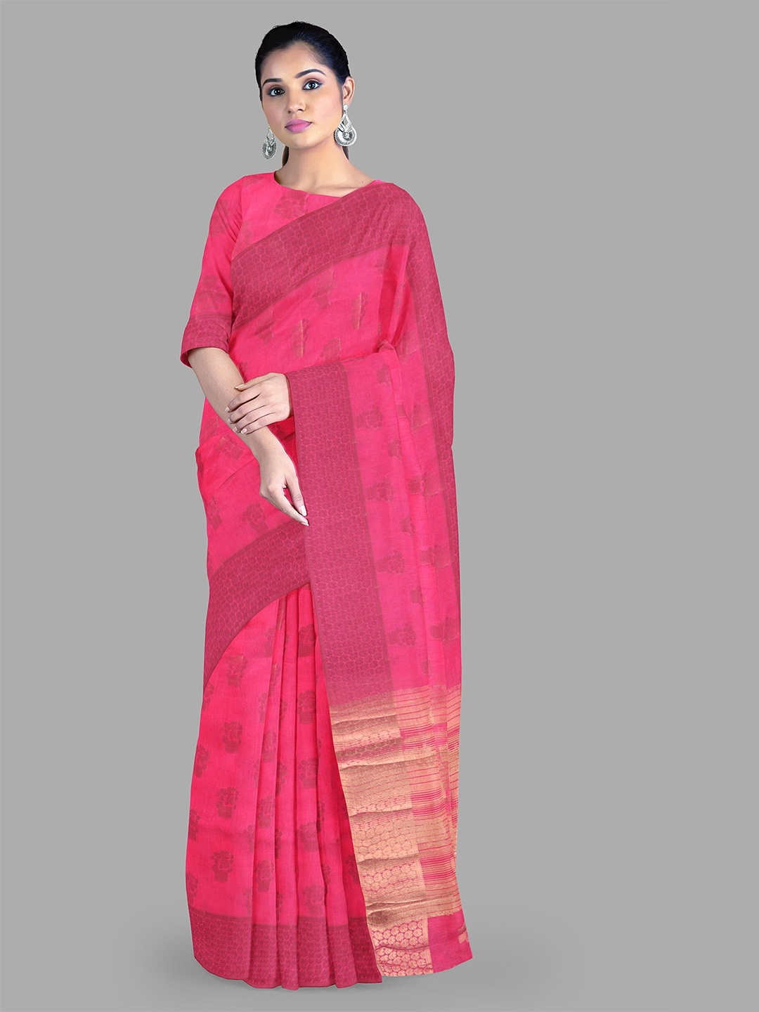 

The Chennai Silks Ethnic Motifs Printed Zari Jute Cotton Saree, Pink