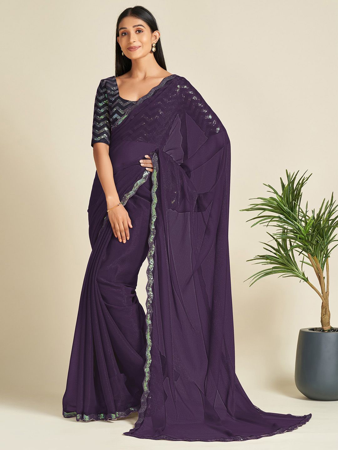 

KALINI Embellished Sequinned Saree, Purple