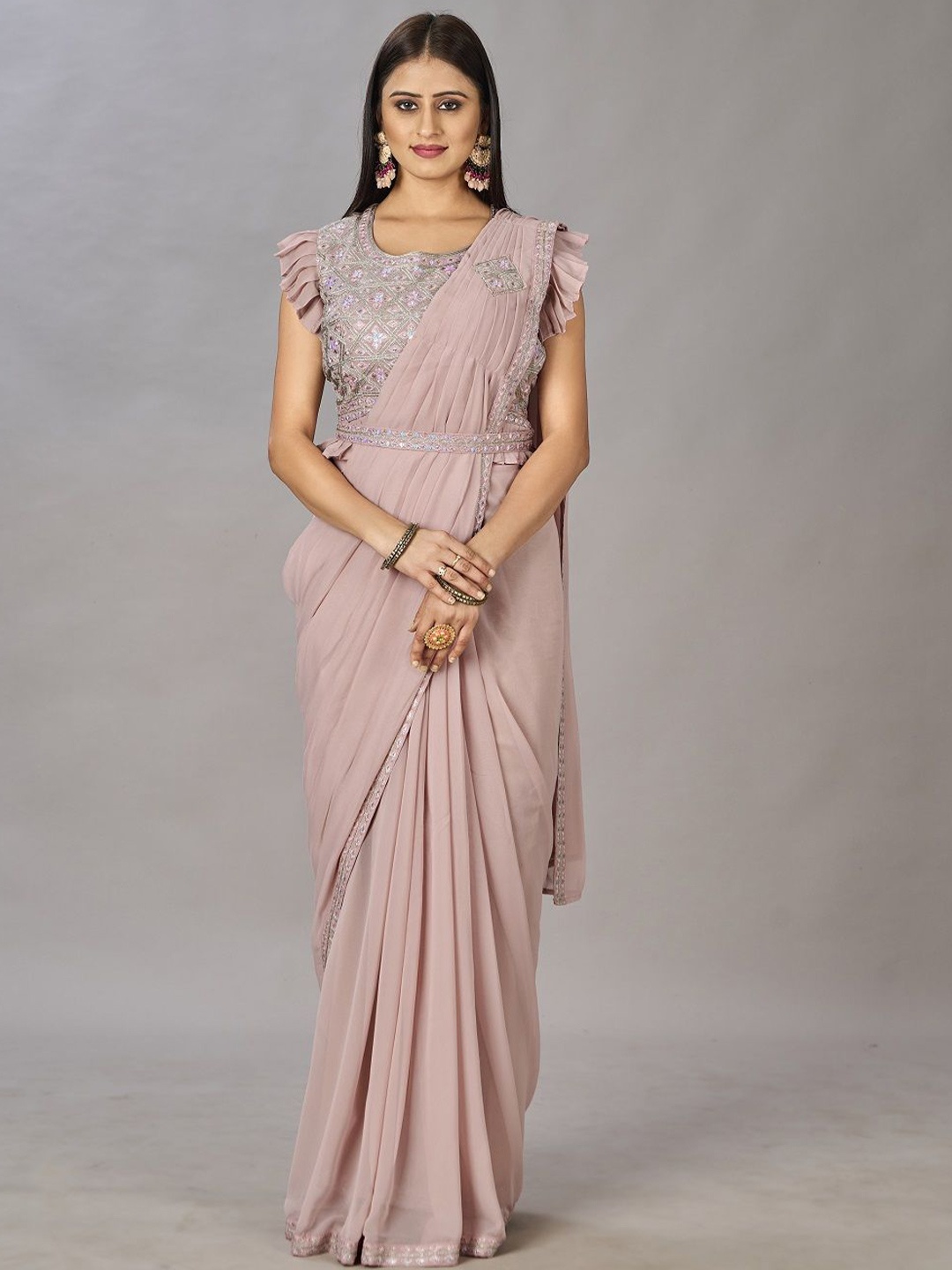 

JIVORA Embroidered Pure Georgette Ready to Wear Saree, Pink