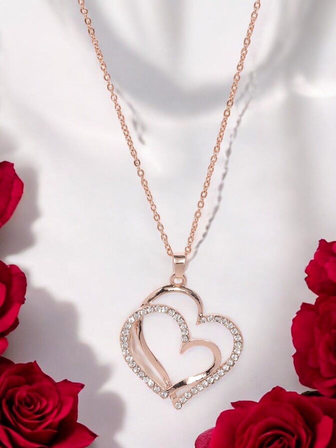 

fabula Cubic Zirconia Studded Heart Shaped Pendants with Chains, Rose gold