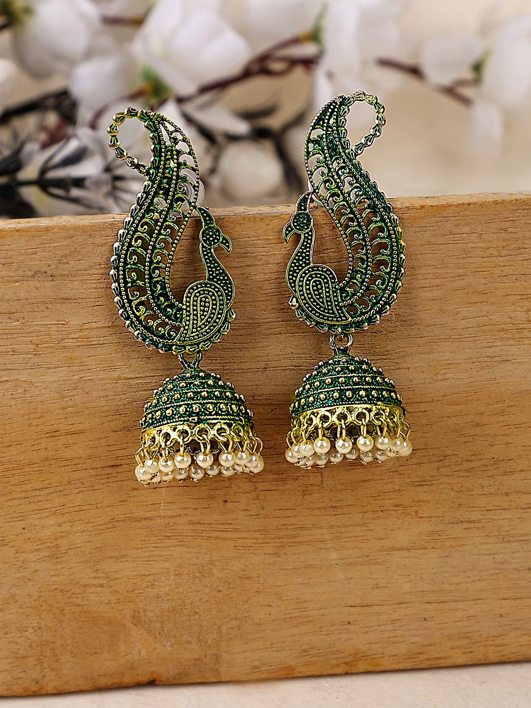 

ANIKAS CREATION Gold Plated Beaded Peacock Dome Shaped Antique Jhumkas
